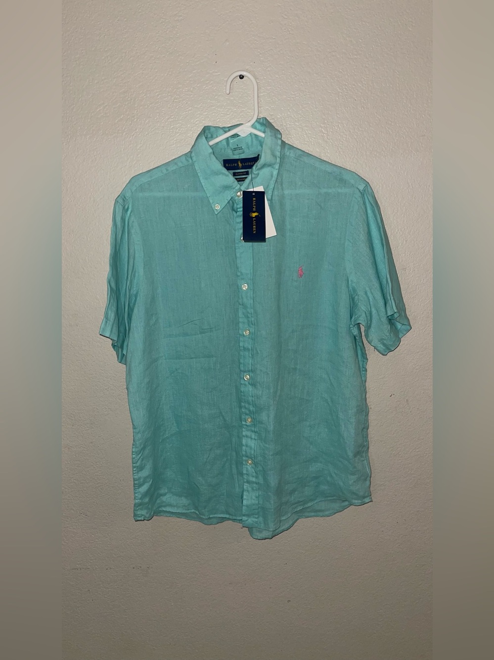 Ralph Lauren Linen Aqua Short-Sleeve Button-Down Shirt